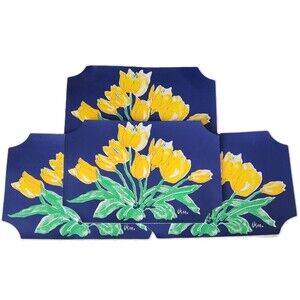 Vintage Vera Neumann Vinyl Placemats (4) Blue with Yellow Tulips 12" X 17 1/2"